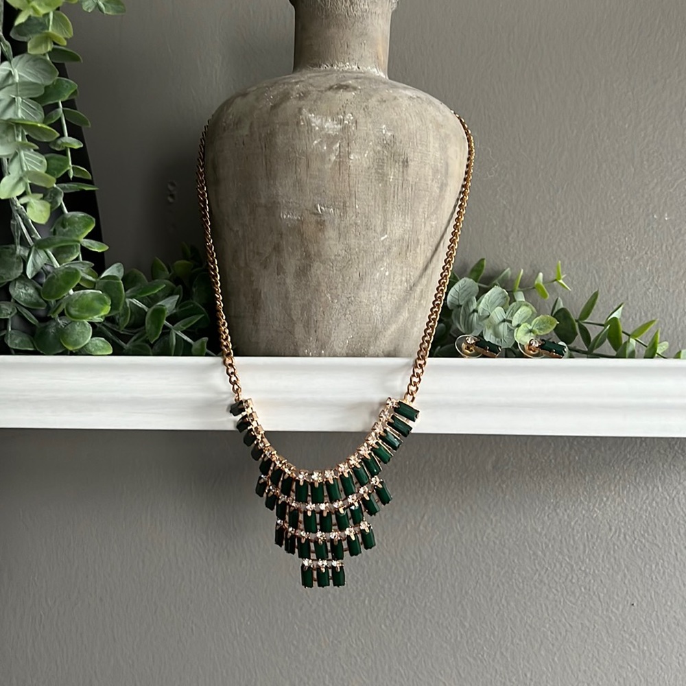 Charming Charlie Green & Gold Statement Necklace and Earring Set